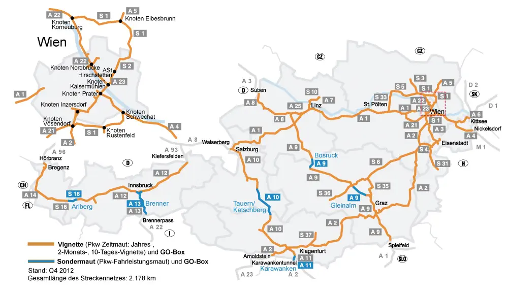Карта платних доріг Австрії
