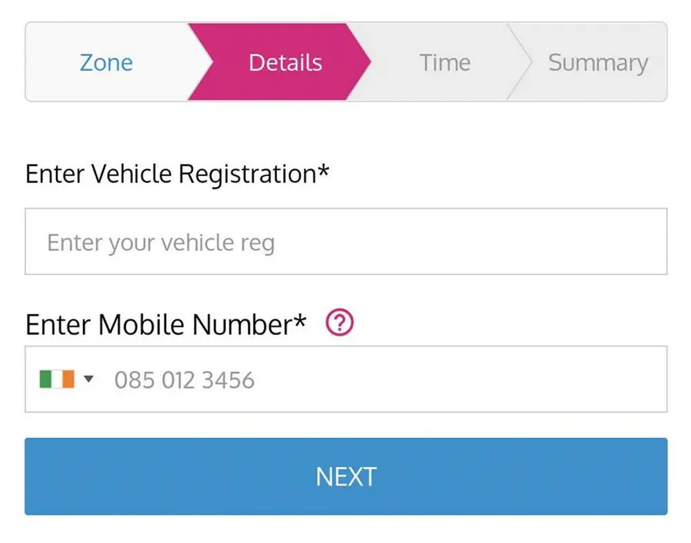 Заповнення даних для парковки в Дубліні, Ірландія