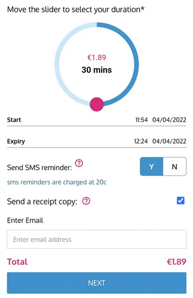Заповнення даних для парковки в Дубліні, Ірландія